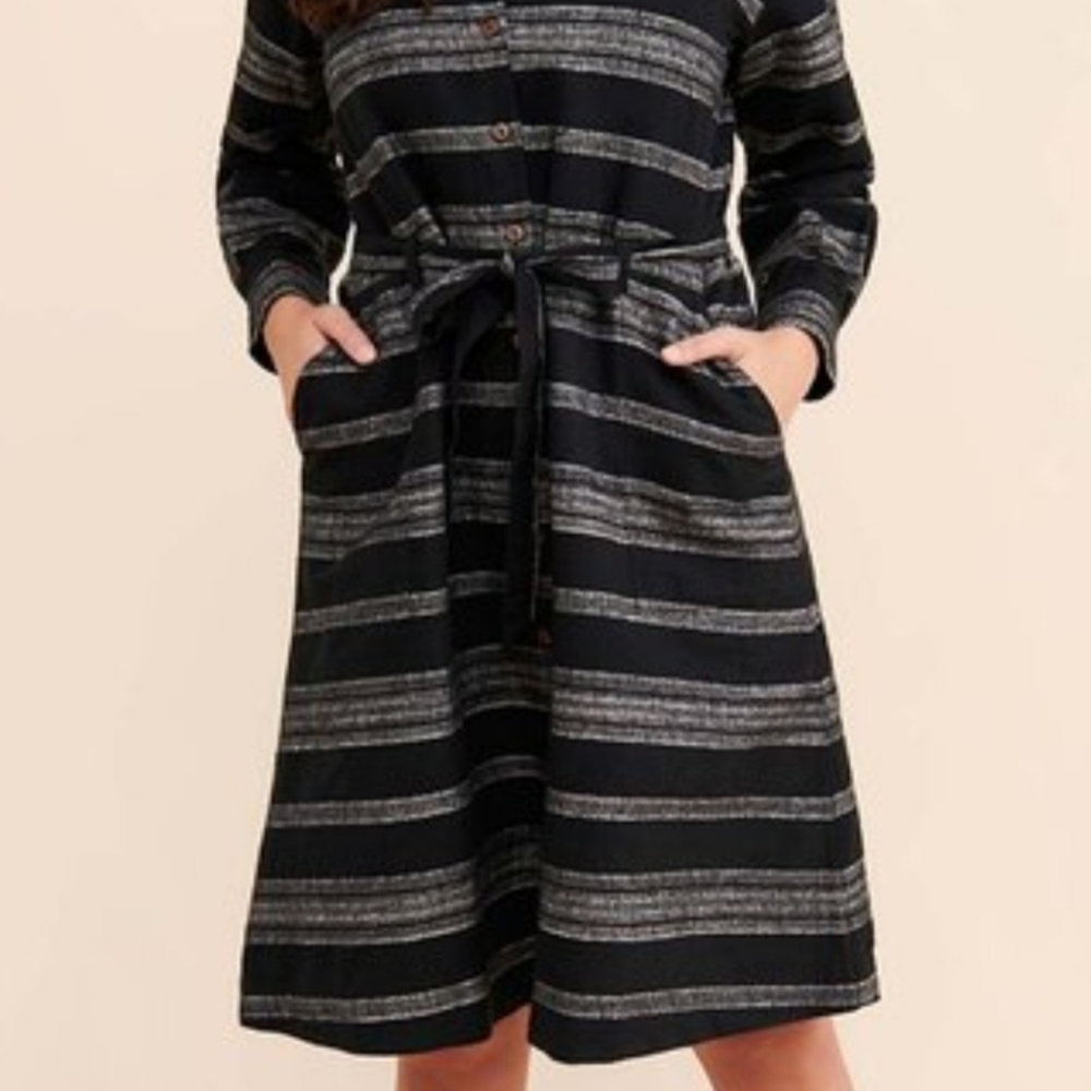Black & White Stripe Autumn Tie-Waist Shirt Dress - Women by People  Tree NWOT - Picture 3 of 6
